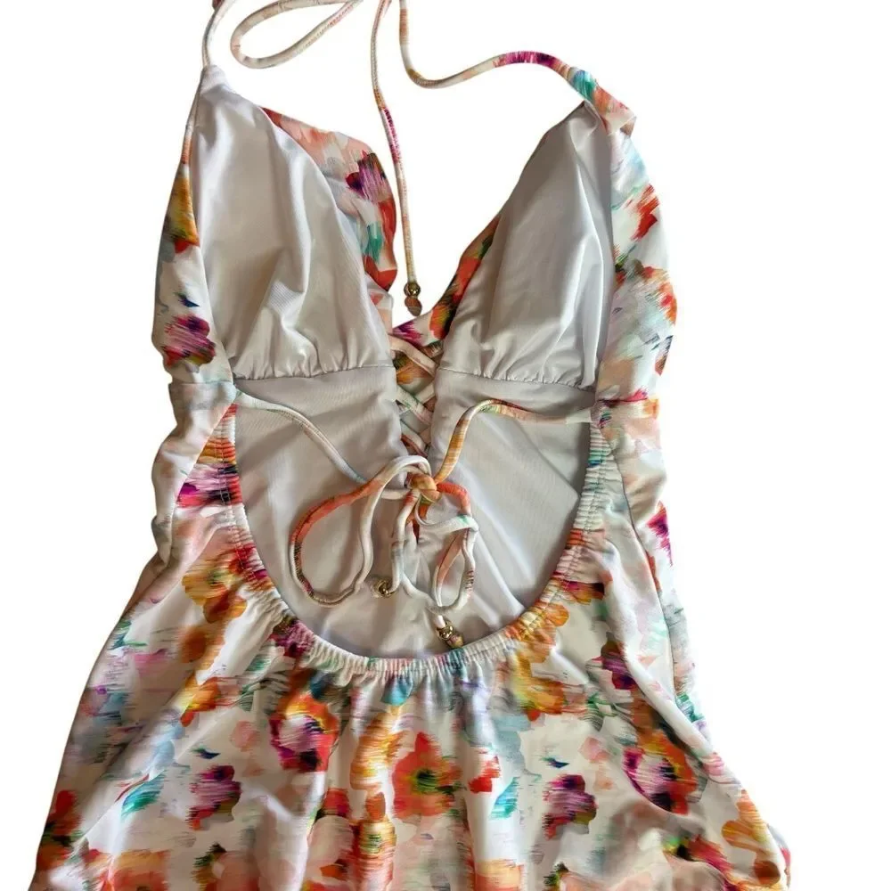 Shoshanna Deep V Halter One Piece Lace Up Swimsuit Bathing Suit Size 6 $230